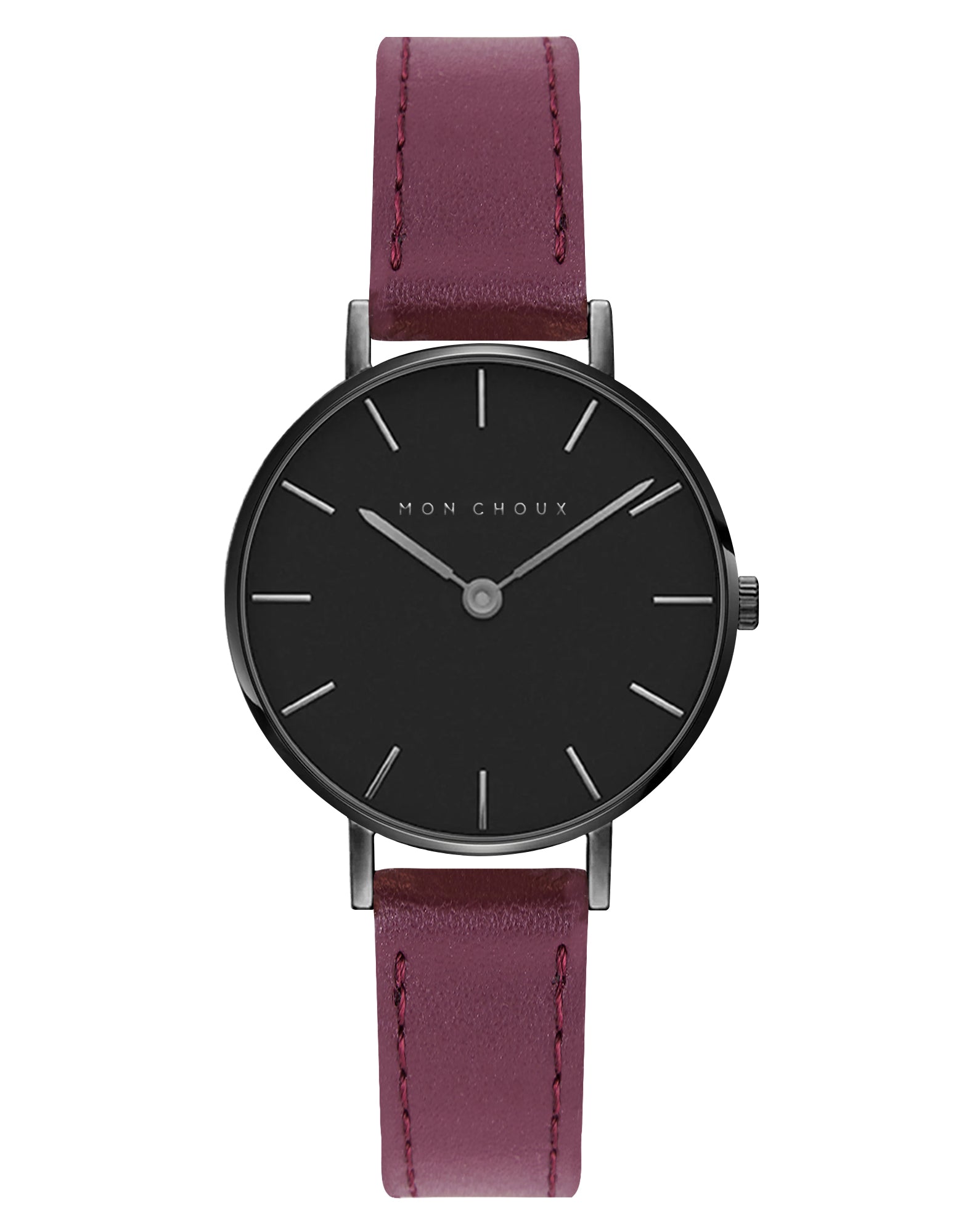 L'Essential Matte Black Watch - Burgundy Grape Leather