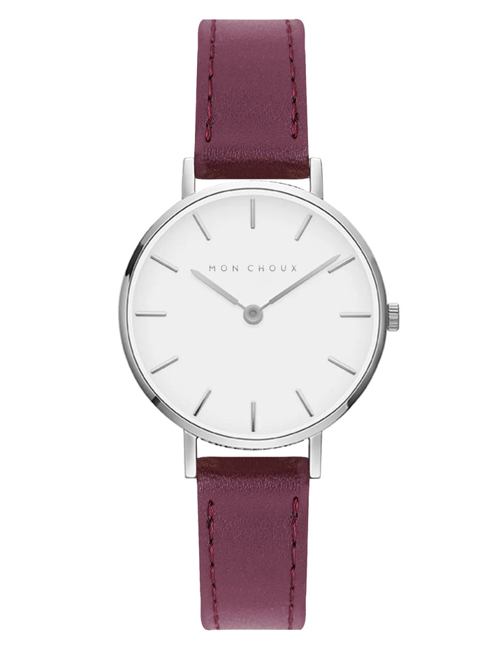 L'ESSENTIAL - WHITE/SILVER WATCH - BURGUNDY VEGAN LEATHER | GRAPE