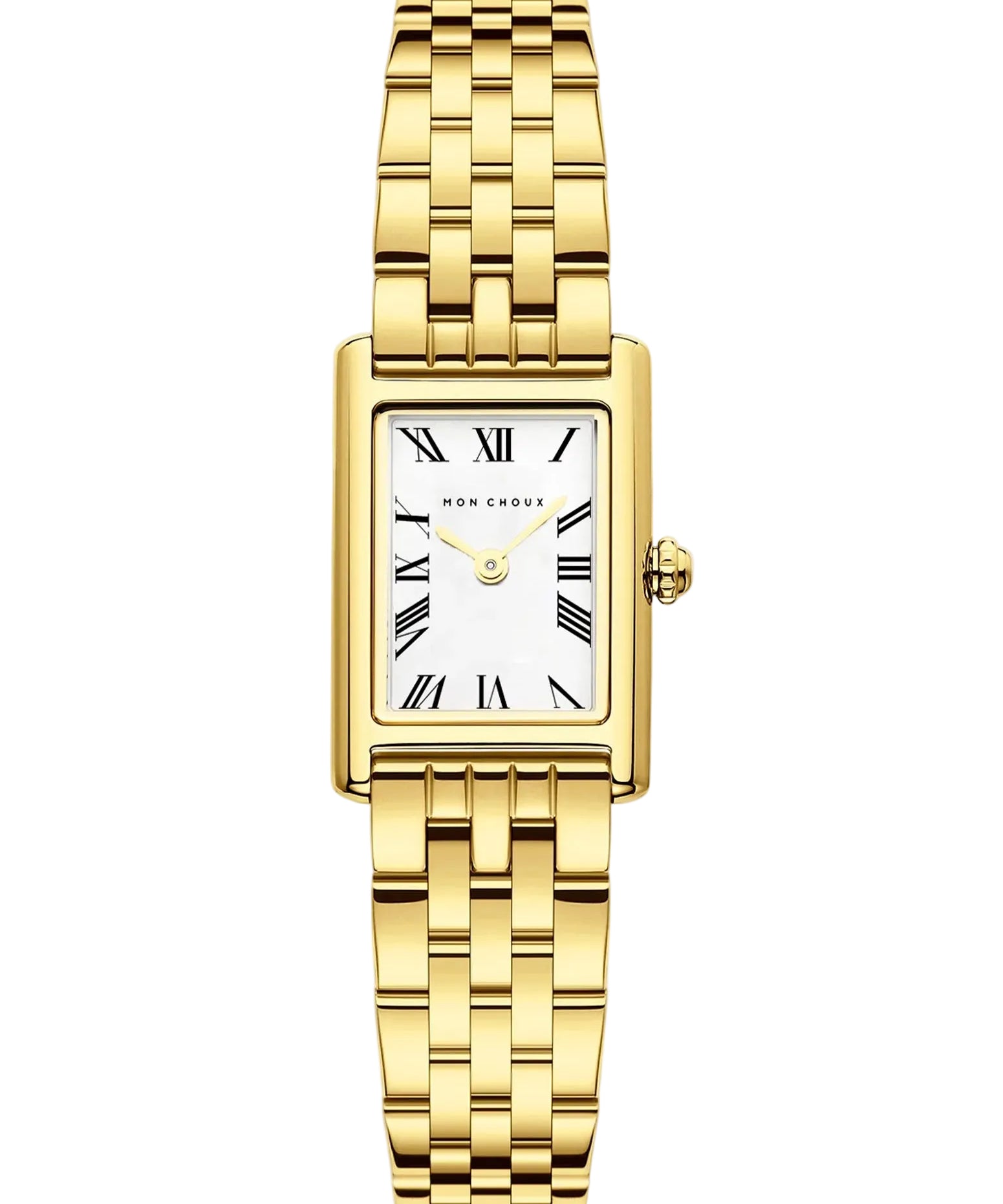 A gold rectangle wristwatch with a white face featuring Roman numerals and a gold 5 link bracelet with butterfly clasp