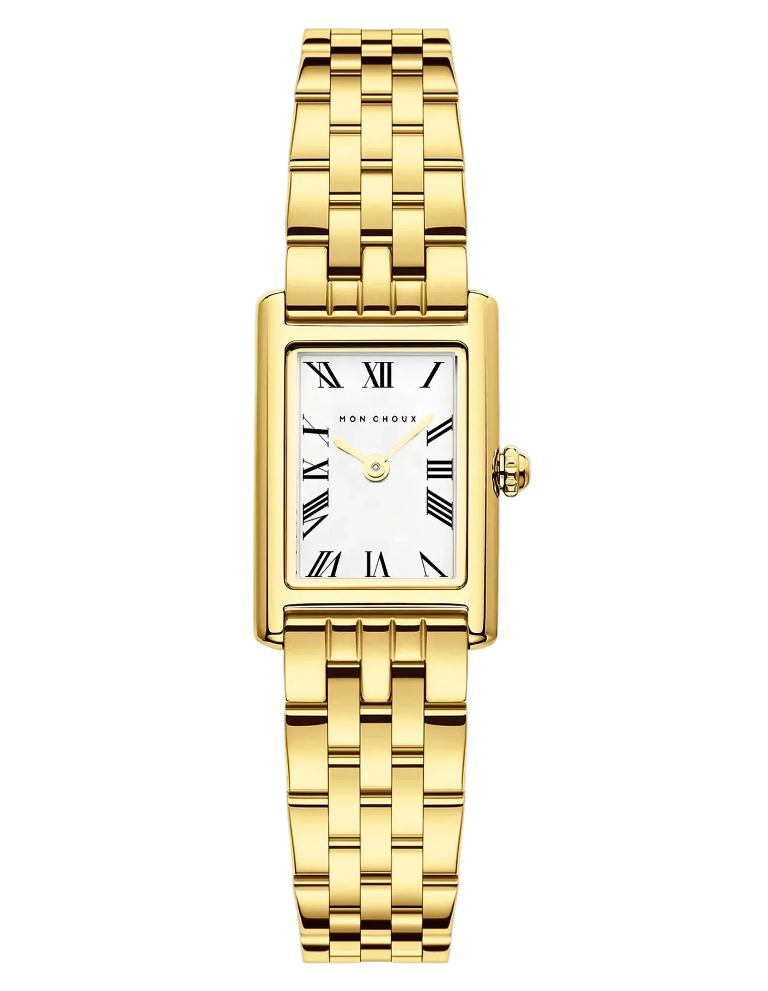 A gold rectangle wristwatch with a white face featuring Roman numerals and a gold 5 link bracelet with butterfly clasp