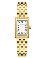 A gold rectangle wristwatch with a white face featuring Roman numerals and a gold 5 link bracelet with butterfly clasp