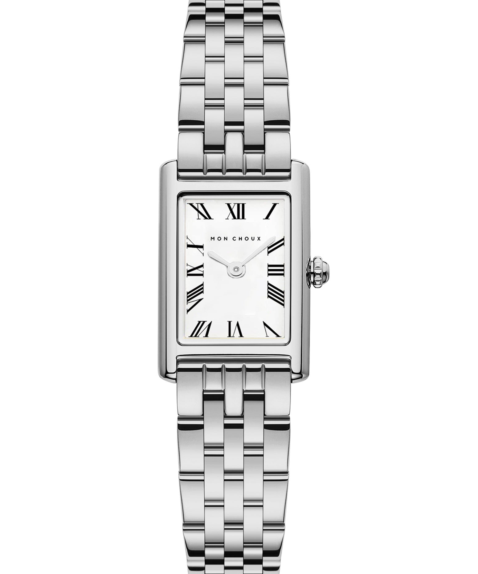 A silver stainless steel rectangular watch with a link strap and traditional roman numerals dial design.