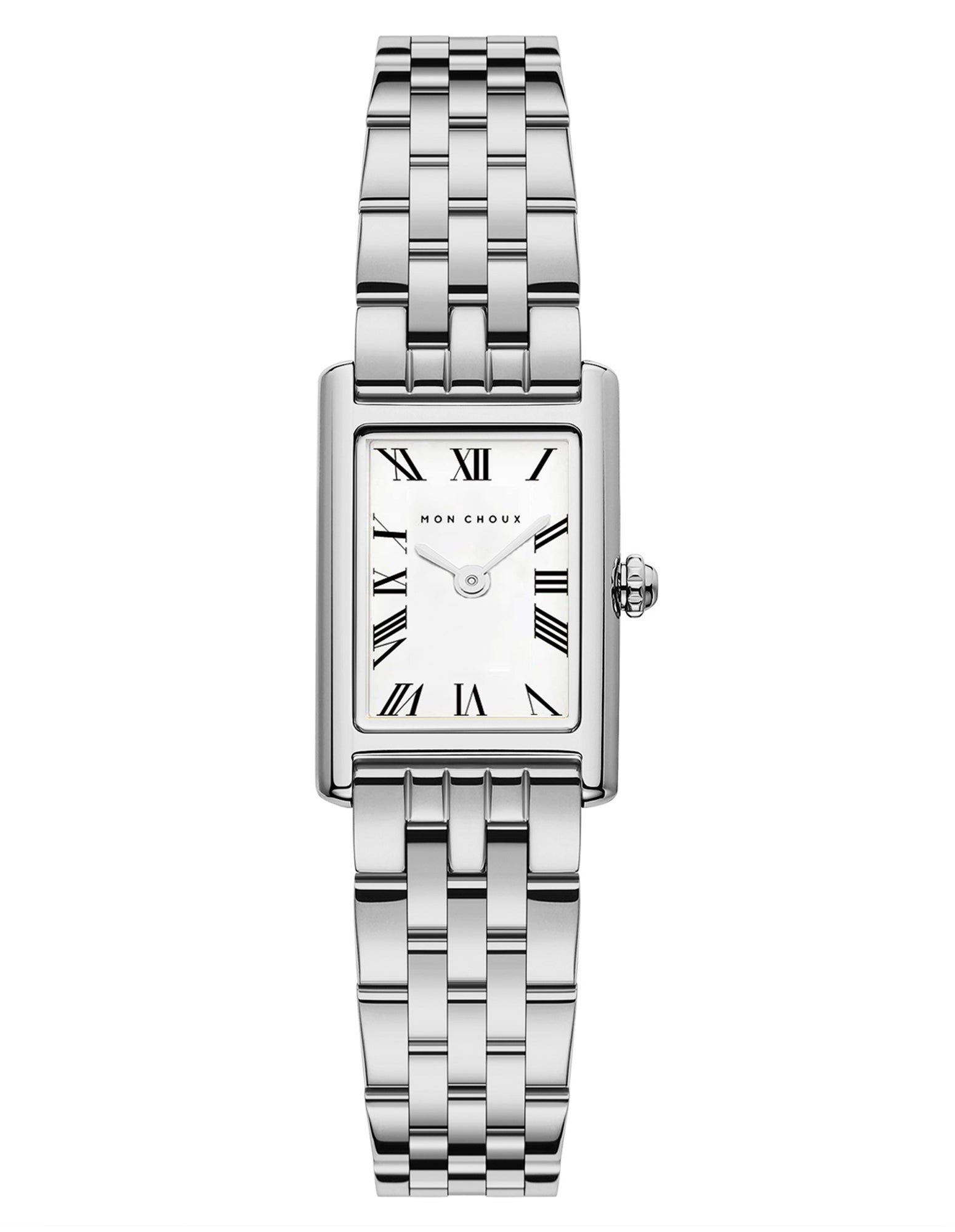 A silver stainless steel rectangular watch with a link strap and traditional roman numerals dial design.