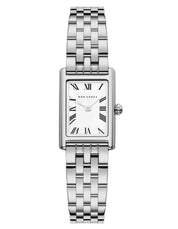 A silver stainless steel rectangular watch with a link strap and traditional roman numerals dial design.